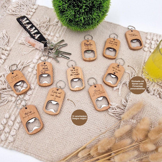 Flaschenöffner mit Schlüsselanhänger aus Holz, Mitarbeitergeschenk