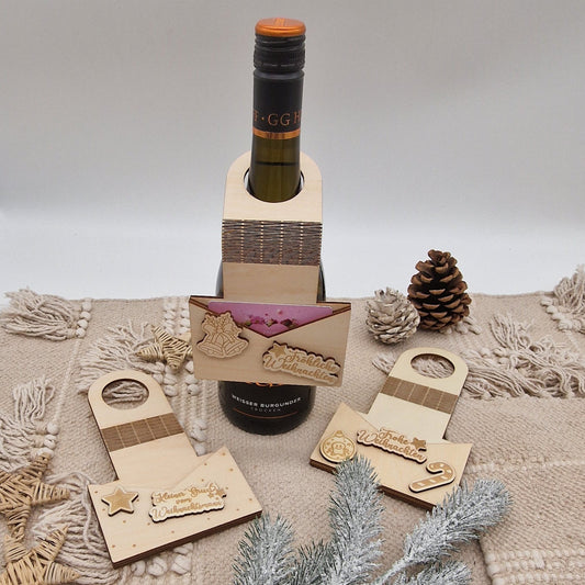 Gutscheinhalter Flexibel aus Holz Frohe Weihnachten Flaschenanhänger