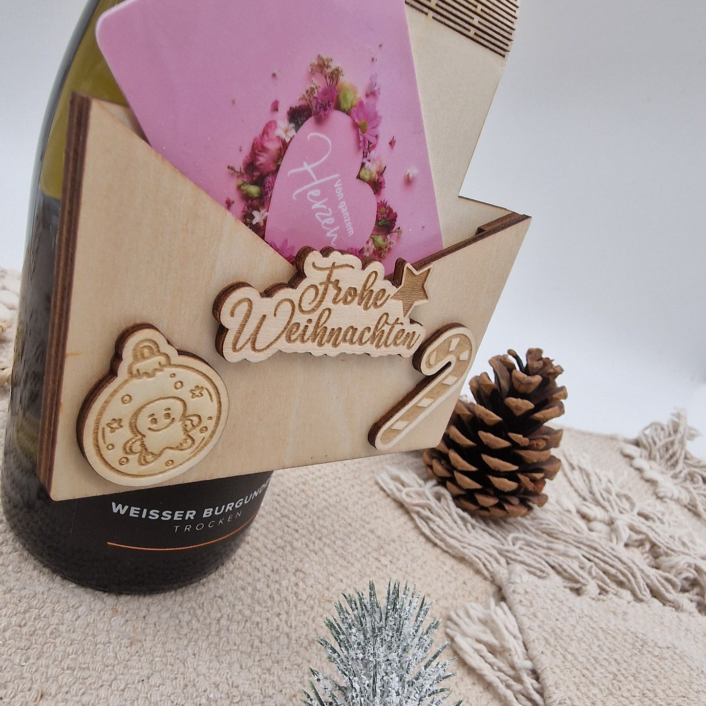 Gutscheinhalter Flexibel aus Holz Frohe Weihnachten Flaschenanhänger