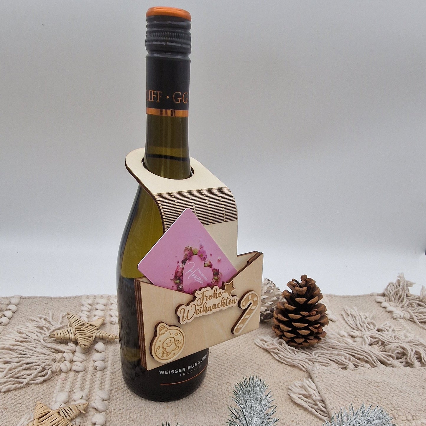 Gutscheinhalter Flexibel aus Holz Frohe Weihnachten Flaschenanhänger