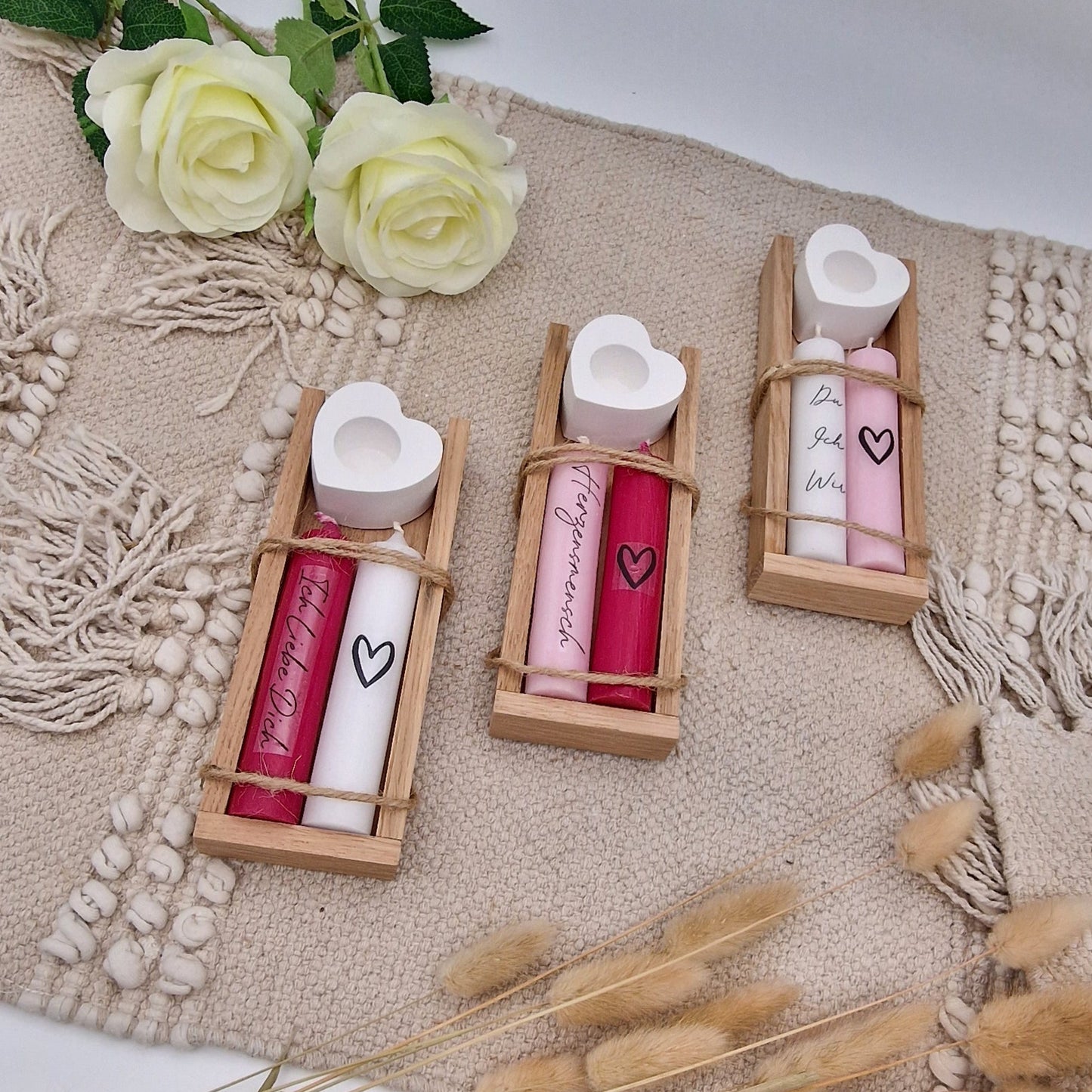 Geschenkset Kerzen in Holzbox Valentinstag