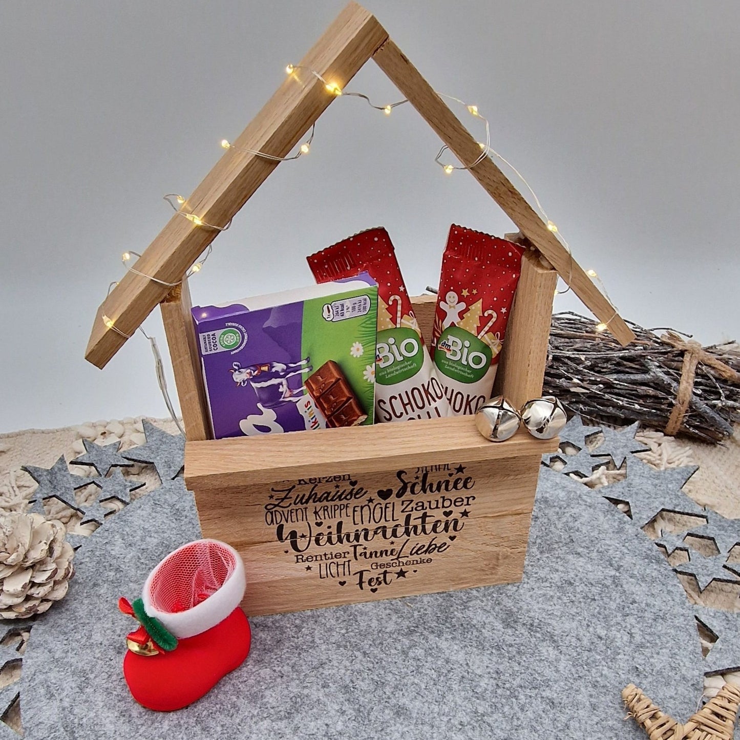 Holzhütte Geschenkverpackung Weihnachten