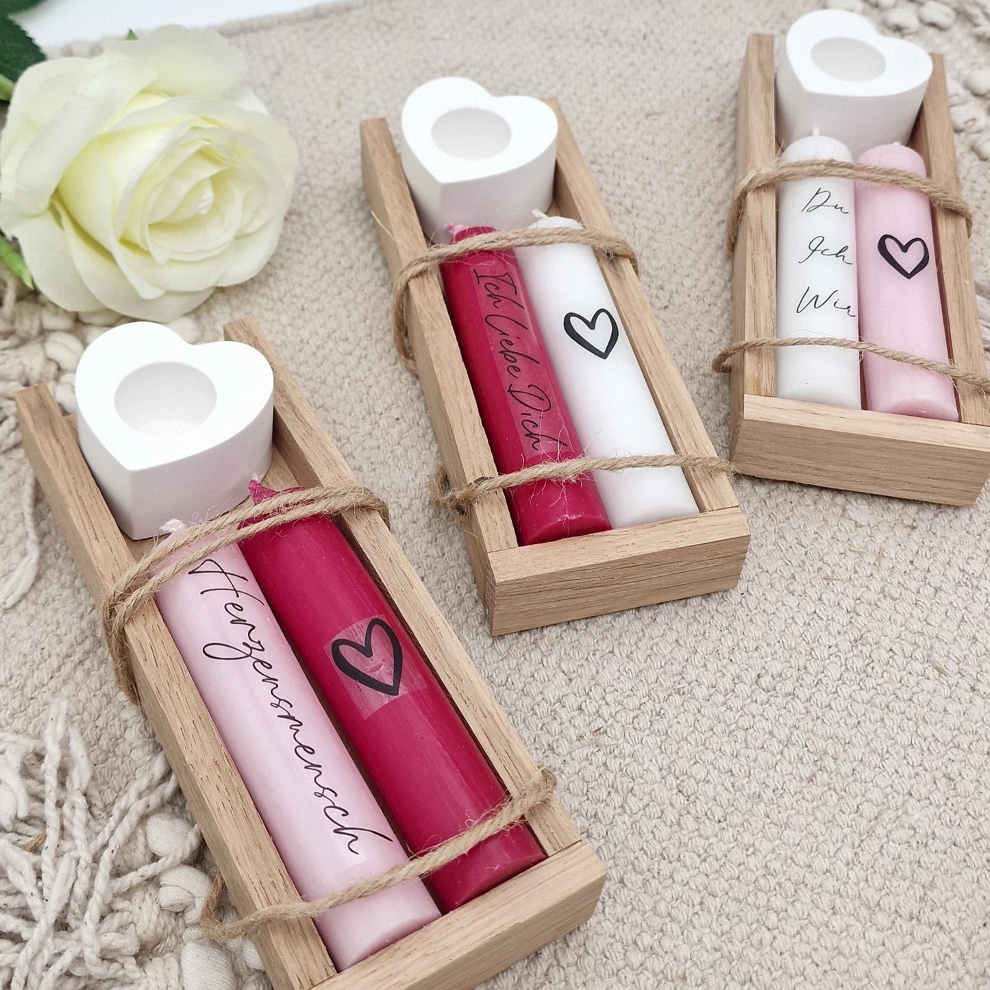 Geschenkset Kerzen in Holzbox Valentinstag