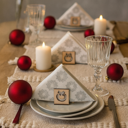 Festlich gedeckter Weihnachtstisch mit handgefertigten Holz-Serviettenhaltern, weißen Servietten, roten Christbaumkugeln, Kerzen und Gläsern – nachhaltige Weihnachts-Tischdekoration im natürlichen Stil.