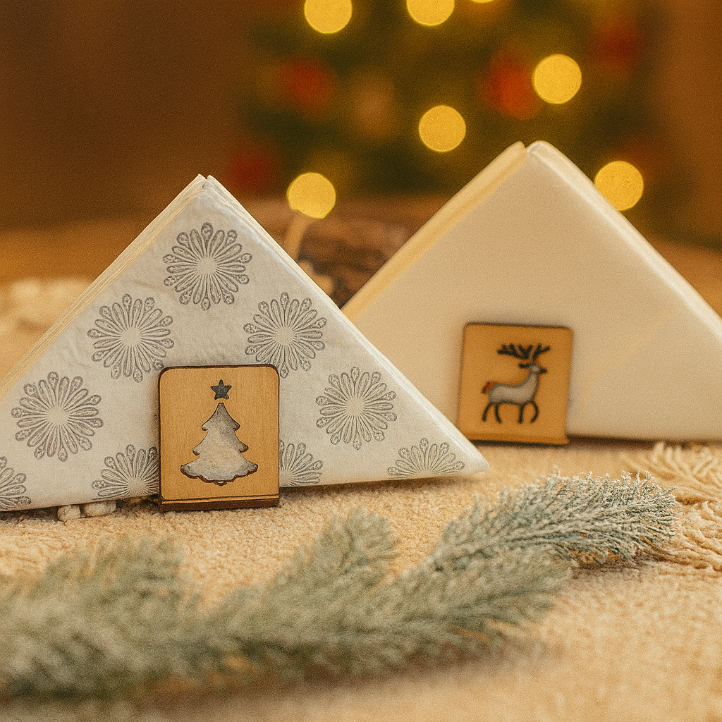Zwei handgefertigte Holz-Serviettenhalter mit Weihnachtsmotiven – Tannenbaum und Rentier – dekorativ platziert vor warmem, goldenem Hintergrund mit verschwommenen Lichtern und Tannenzweig.