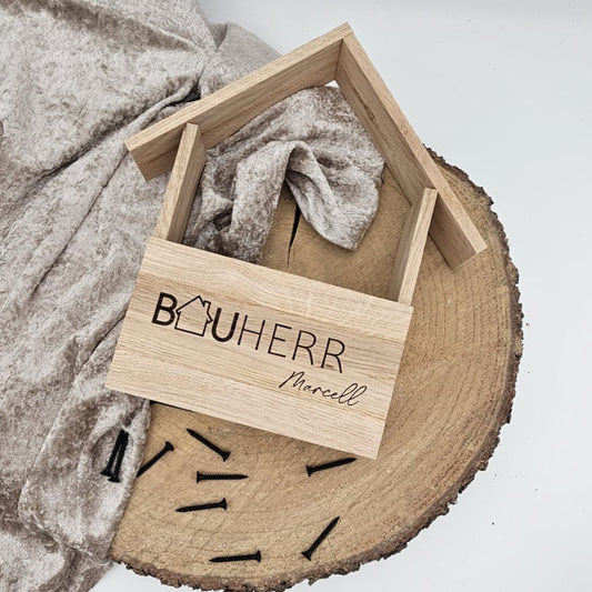 Holzhütte Geschenkverpackung personalisiert Bauherr