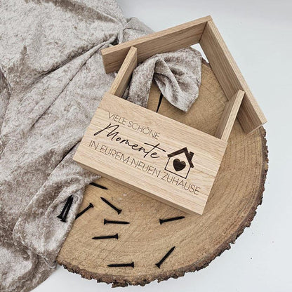 Persönliche Geschenkverpackung Haus aus Holz, Geschenkidee Haus-Einzug & Firmenpräsent, Nachhaltige Verpackung, Geschenkverpackung