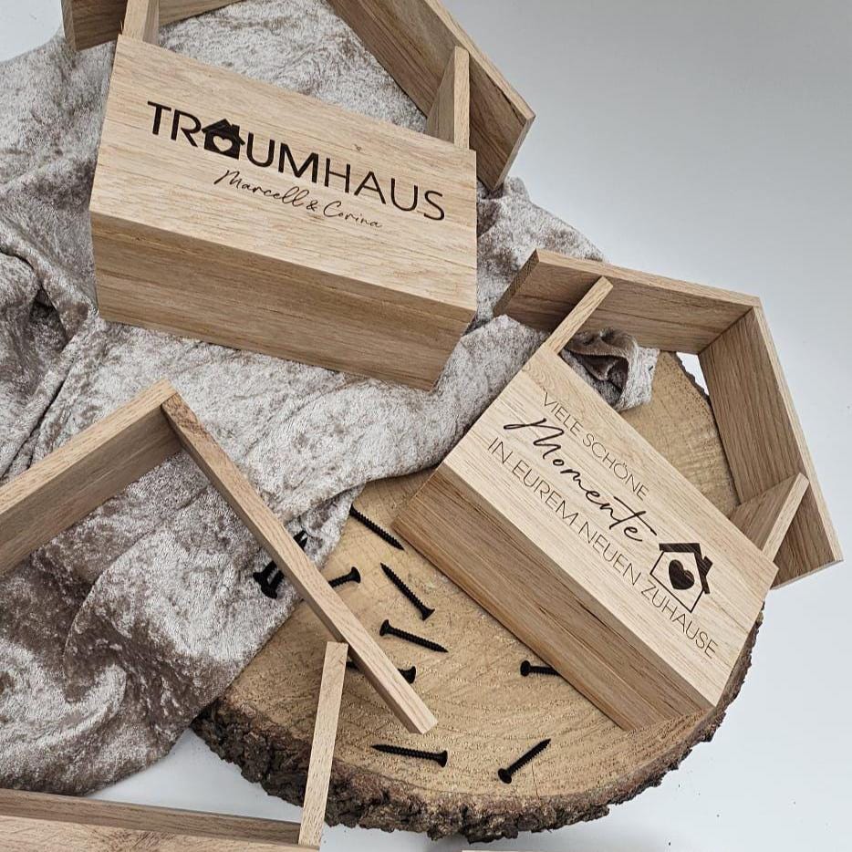 Persönliche Geschenkverpackung Haus aus Holz, Geschenkidee Haus-Einzug & Firmenpräsent, Nachhaltige Verpackung, Geschenkverpackung