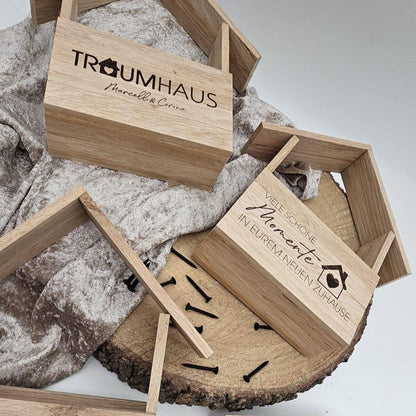 Persönliche Geschenkverpackung Haus aus Holz, Geschenkidee Haus-Einzug & Firmenpräsent, Nachhaltige Verpackung, Geschenkverpackung