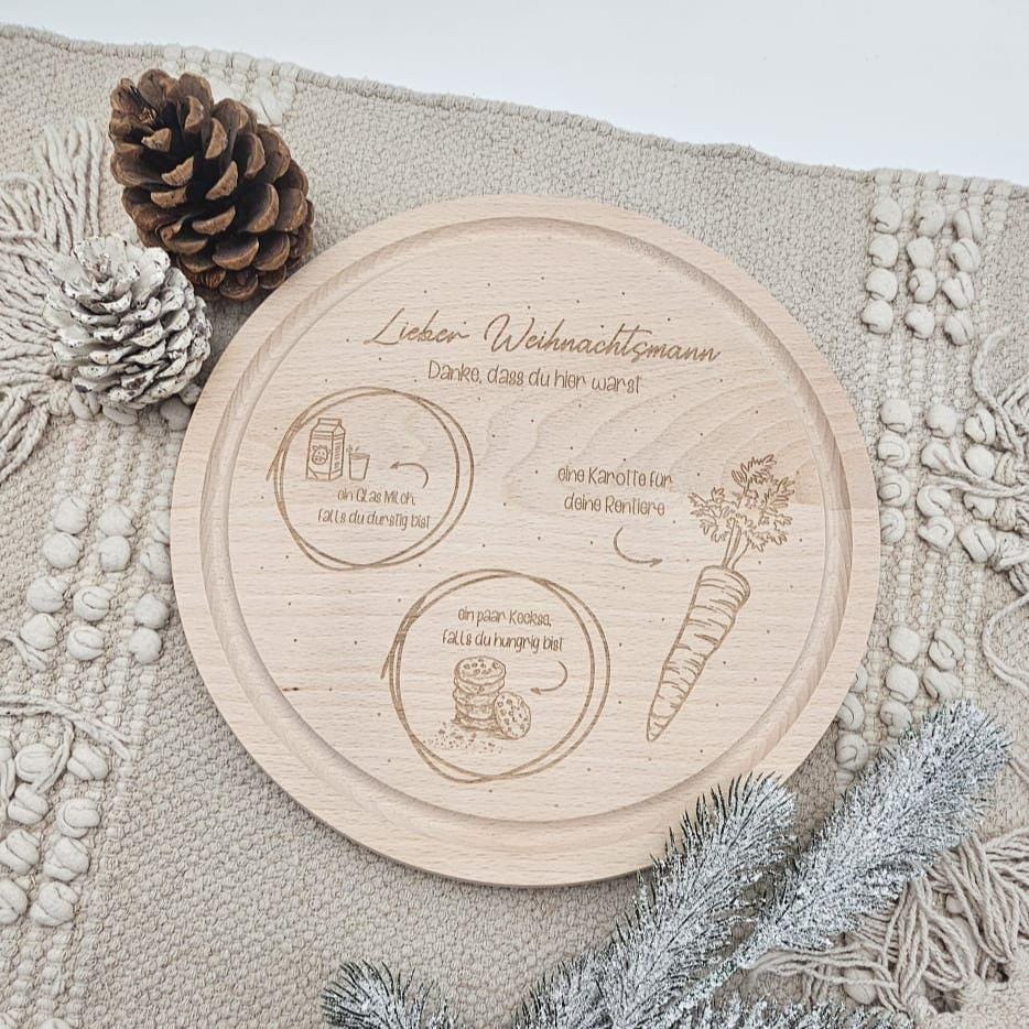 Nikolausteller Holz personalisiert | Weihnachtsteller Keksteller für den Weihnachtsmann & Nikolaus | Milch und Kekse Teller Gravur Geschenk