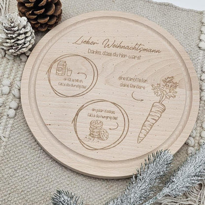 Nikolausteller Holz personalisiert | Weihnachtsteller Keksteller für den Weihnachtsmann & Nikolaus | Milch und Kekse Teller Gravur Geschenk