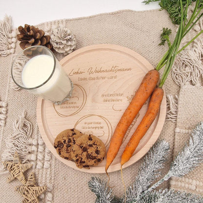 Nikolausteller Holz personalisiert | Weihnachtsteller Keksteller für den Weihnachtsmann & Nikolaus | Milch und Kekse Teller Gravur Geschenk