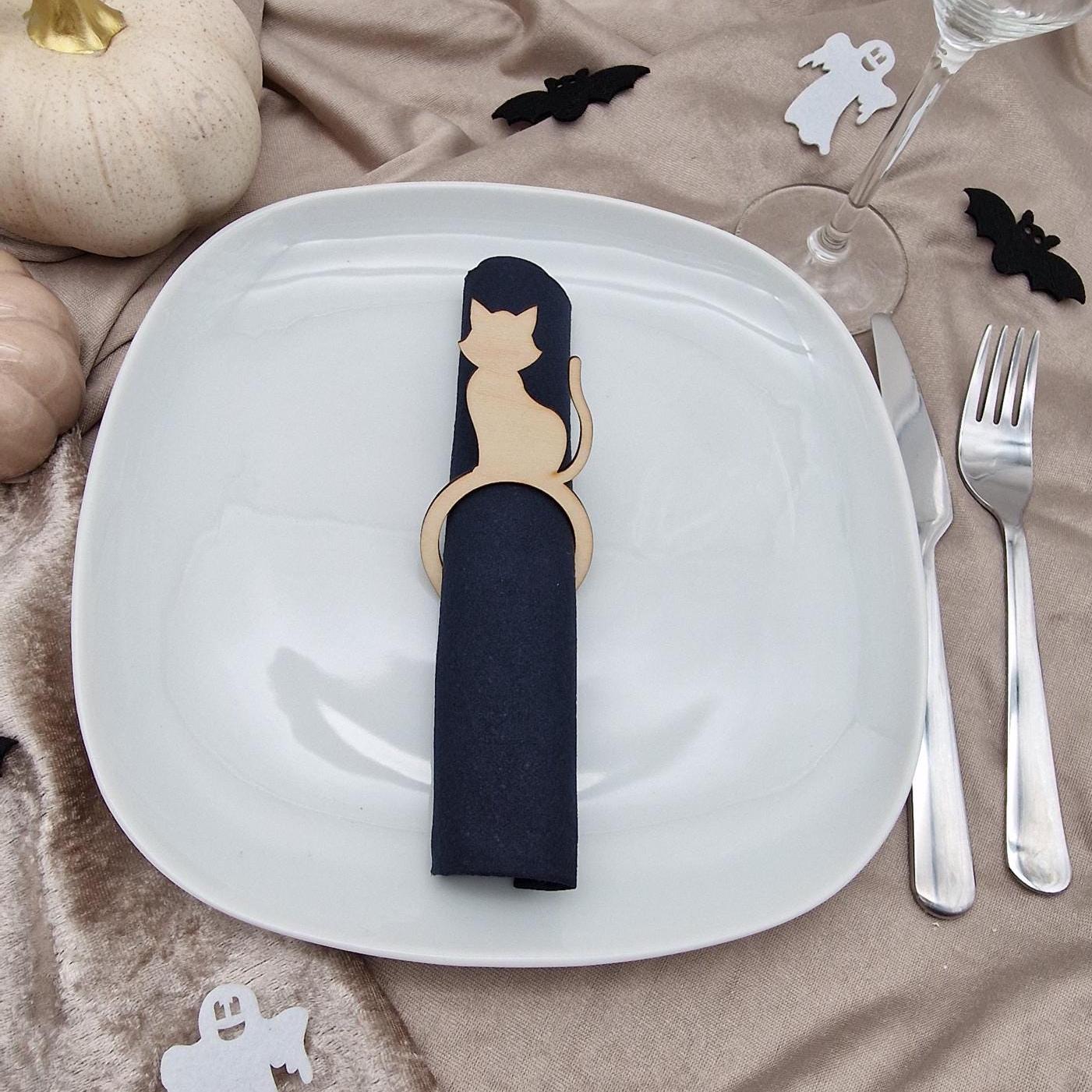 Halloween Serviettenringe Holz 6er Set Tischdeko Halloween Geist Fledermaus Spinne Katze Sarg Trick or Treat Serviettenhalter Herbst Party