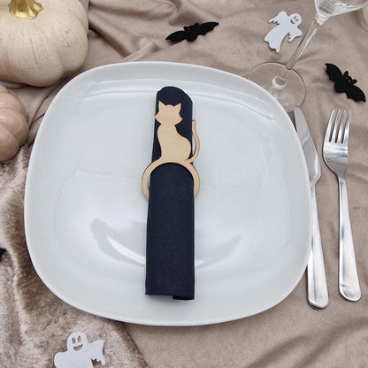 Halloween Serviettenringe Holz 6er Set Tischdeko Halloween Geist Fledermaus Spinne Katze Sarg Trick or Treat Serviettenhalter Herbst Party