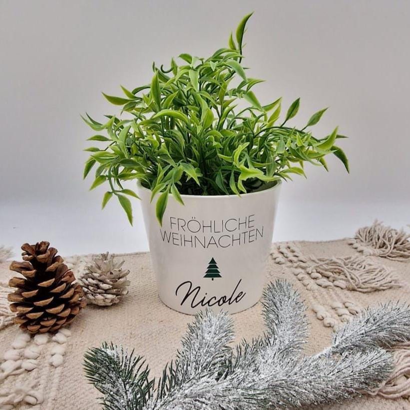 Blumentopf Weihnachten personalisiert mit Name | Übertopf Fröhliche Weihnachten | Pflanzkübel Keramik Geschenkidee Advent Wichtelgeschenk