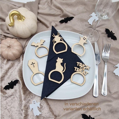 Halloween Serviettenringe Holz 6er Set Tischdeko Halloween Geist Fledermaus Spinne Katze Sarg Trick or Treat Serviettenhalter Herbst Party