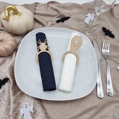 Halloween Serviettenringe Holz 6er Set Tischdeko Halloween Geist Fledermaus Spinne Katze Sarg Trick or Treat Serviettenhalter Herbst Party