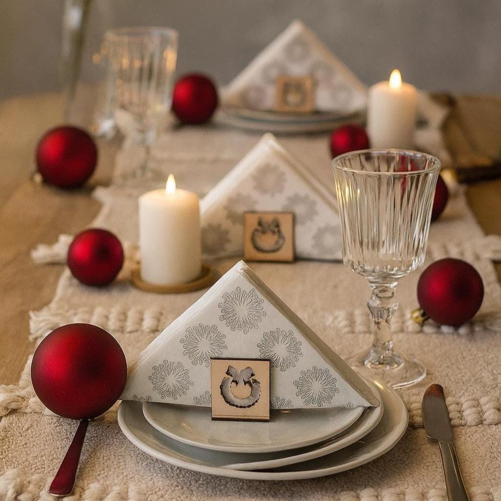 Festlich gedeckter Weihnachtstisch mit handgefertigten Holz-Serviettenhaltern, weißen Servietten, roten Christbaumkugeln, Kerzen und Gläsern – nachhaltige Weihnachts-Tischdekoration im natürlichen Stil.