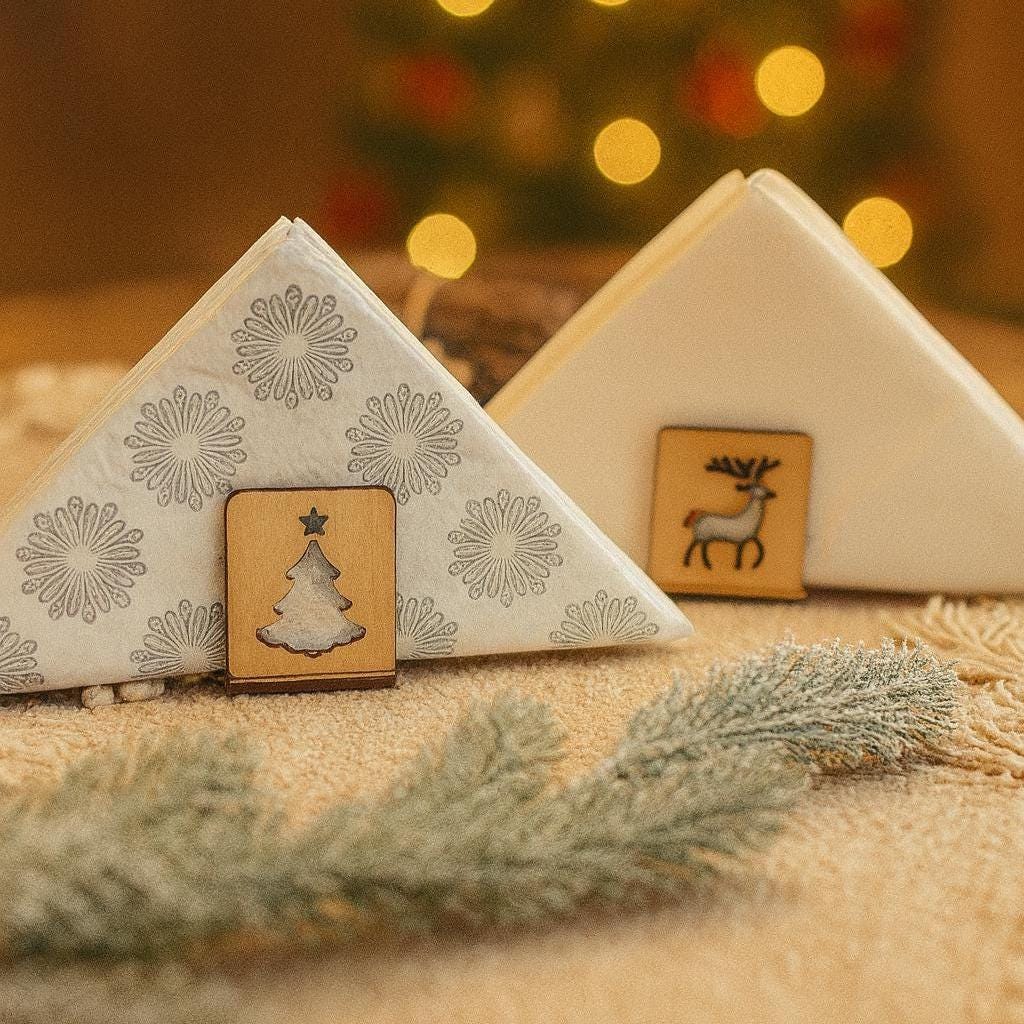 Zwei handgefertigte Holz-Serviettenhalter mit Weihnachtsmotiven – Tannenbaum und Rentier – dekorativ platziert vor warmem, goldenem Hintergrund mit verschwommenen Lichtern und Tannenzweig.