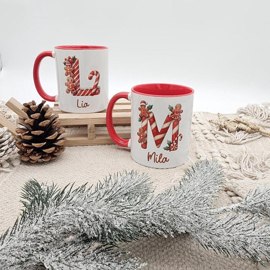 Personalisierte Lebkuchen Tasse mit Name, Weihnachtstasse Initialen, Kaffeebecher Weihnachten Geschenkidee, Nikolaus Geschenk Kinder
