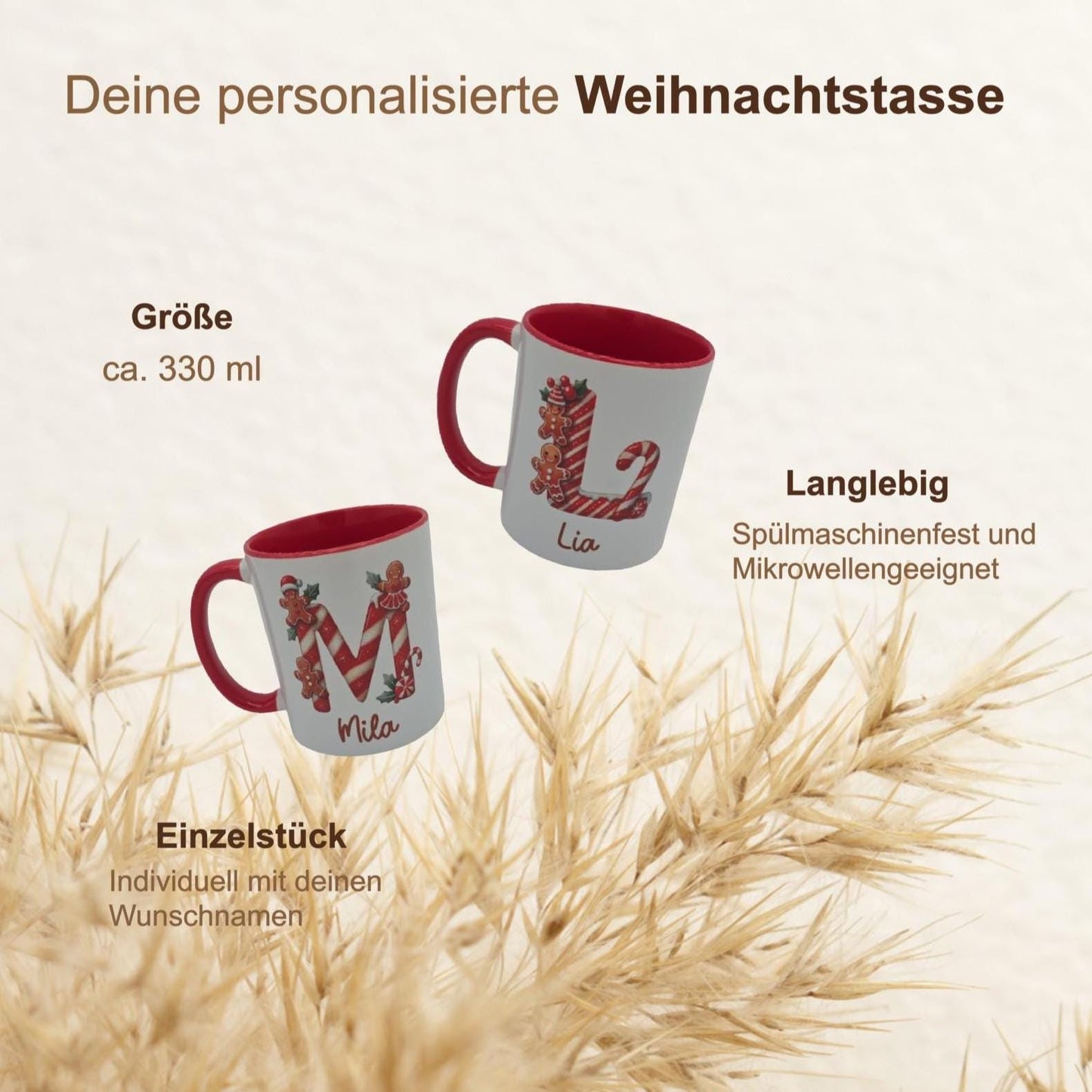 Personalisierte Lebkuchen Tasse mit Name, Weihnachtstasse Initialen, Kaffeebecher Weihnachten Geschenkidee, Nikolaus Geschenk Kinder
