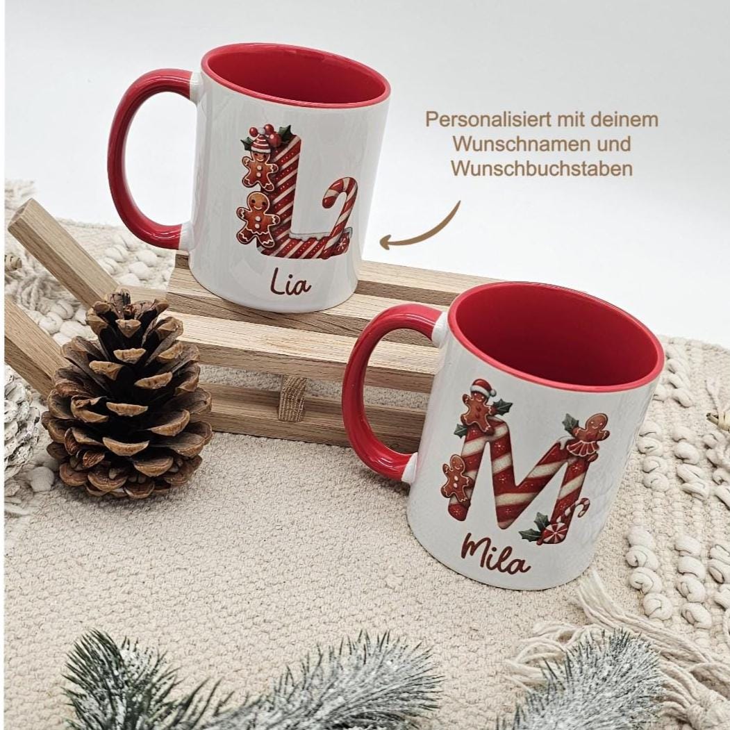 Personalisierte Lebkuchen Tasse mit Name, Weihnachtstasse Initialen, Kaffeebecher Weihnachten Geschenkidee, Nikolaus Geschenk Kinder