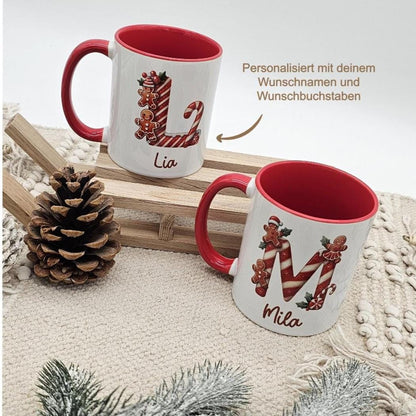 Personalisierte Lebkuchen Tasse mit Name, Weihnachtstasse Initialen, Kaffeebecher Weihnachten Geschenkidee, Nikolaus Geschenk Kinder
