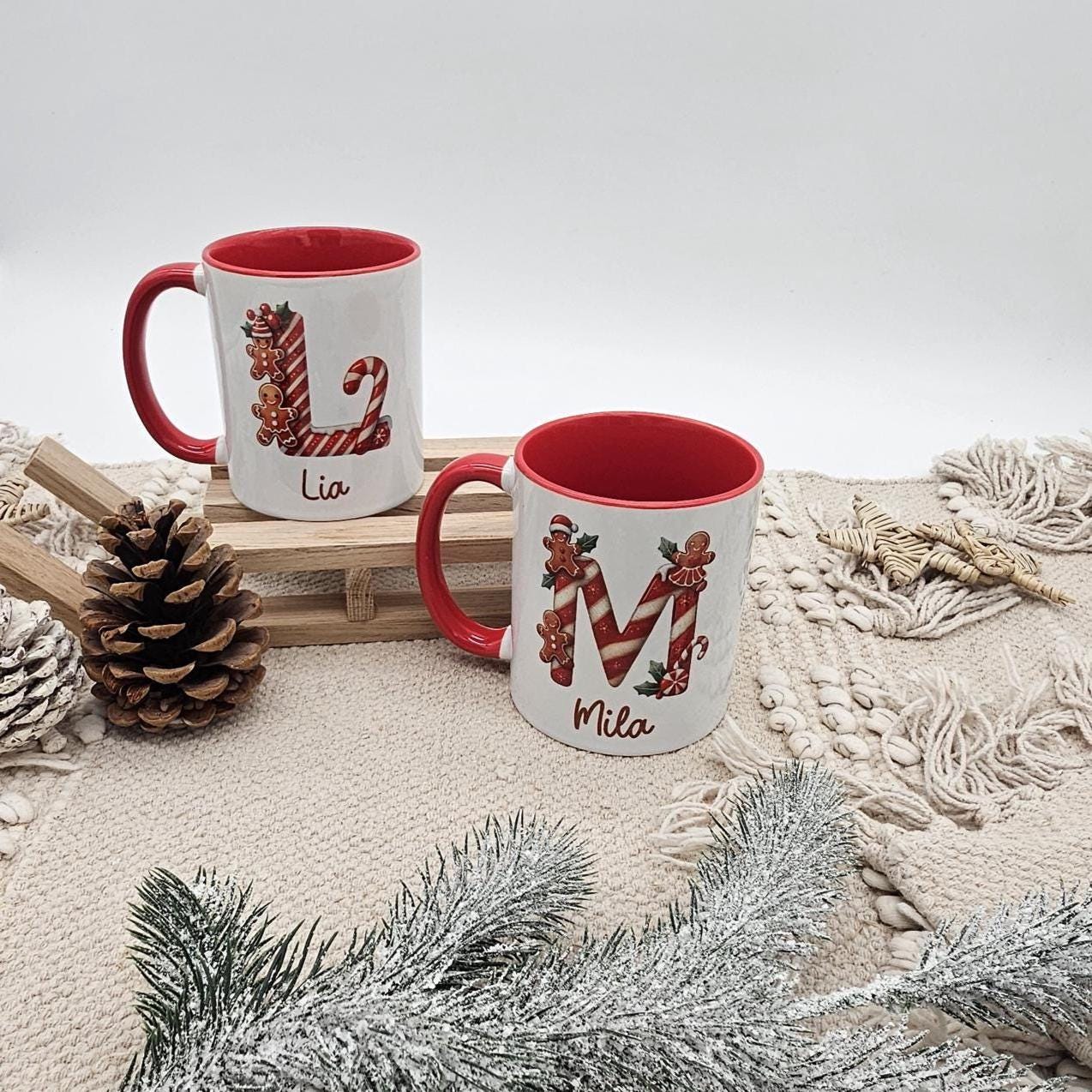 Personalisierte Lebkuchen Tasse mit Name, Weihnachtstasse Initialen, Kaffeebecher Weihnachten Geschenkidee, Nikolaus Geschenk Kinder