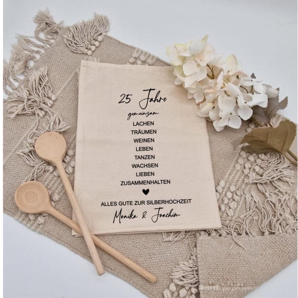 Geschenk zur Silberhochzeit Geschirrtuch personalisiert, 25 Jahre gemeinsam, Küchentuch mit Namen Silberne Hochzeit