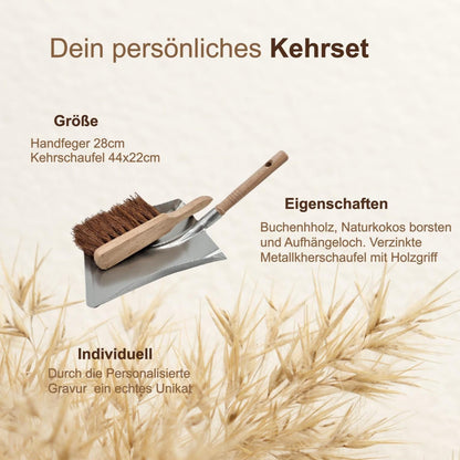 Personalisiertes Kehrset Polterabend Geschenk, Handfeger und Schaufel mit Gravur Namen, Hochzeitsgeschenk