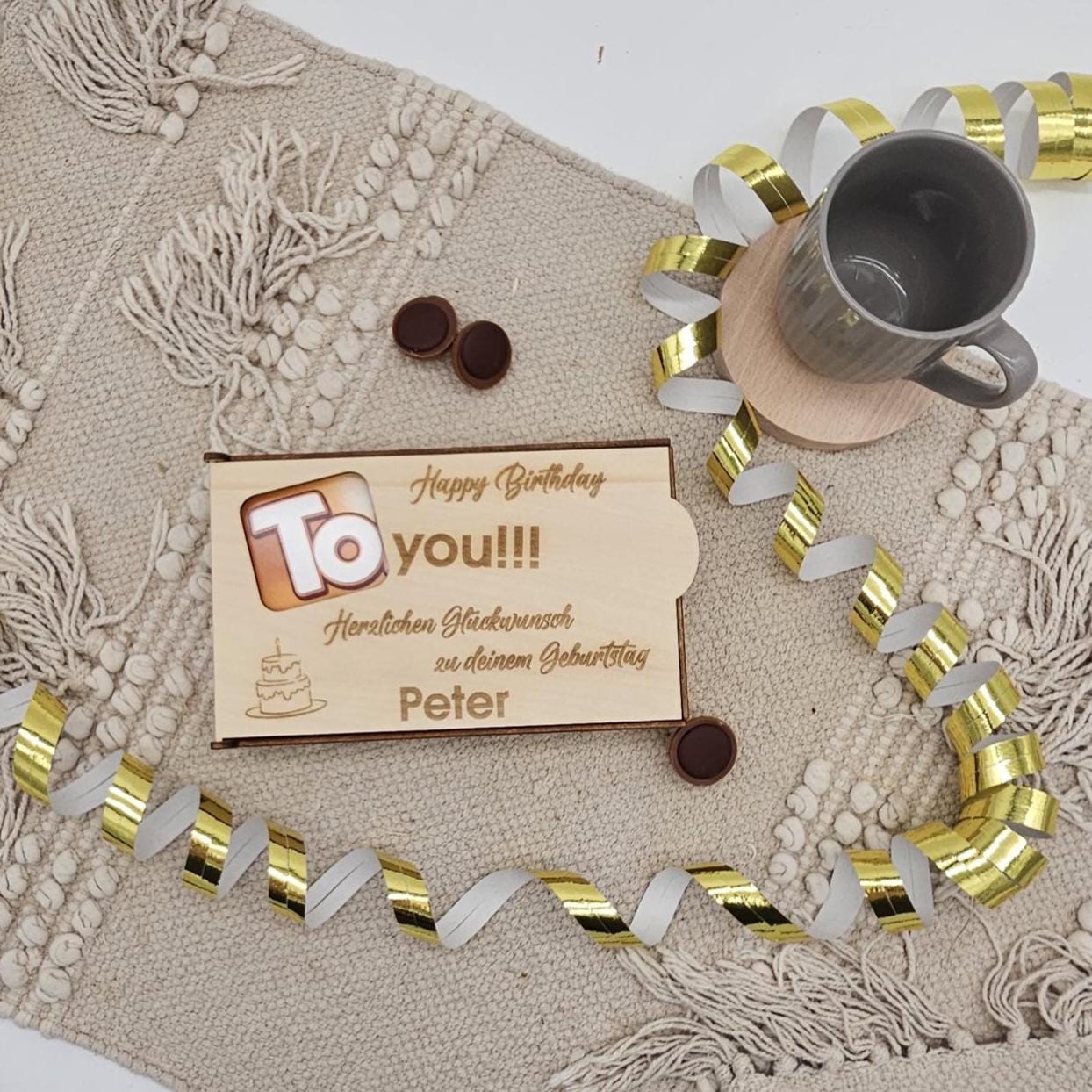 Personalisierte Holz Geschenkbox für Pralinen mit Name, Holzbox Geburtstag, Geldgeschenk Box, Pralinen Verpackung