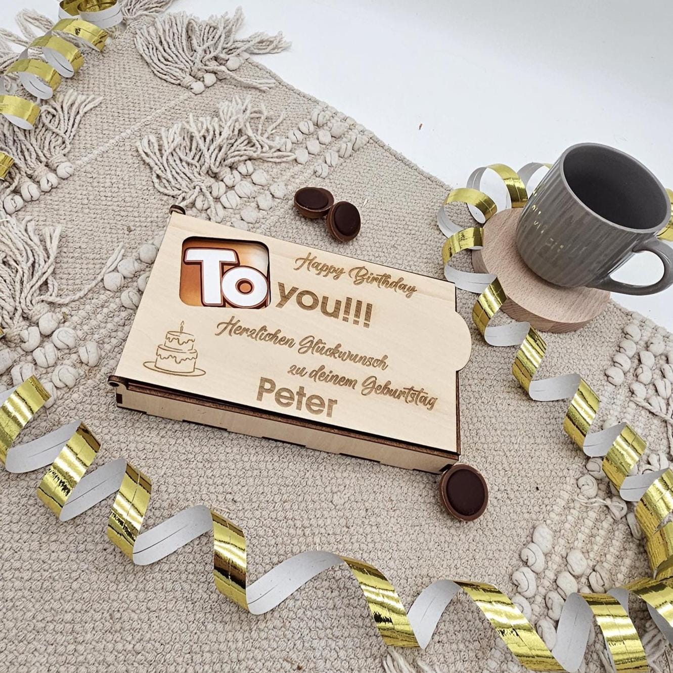 Personalisierte Holz Geschenkbox für Pralinen mit Name, Holzbox Geburtstag, Geldgeschenk Box, Pralinen Verpackung