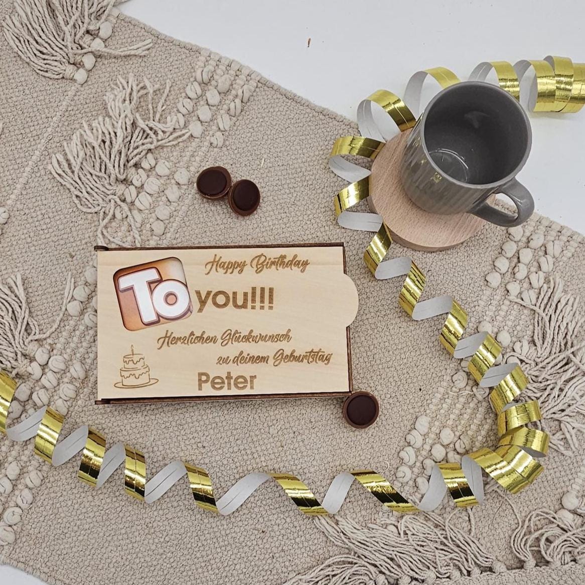 Personalisierte Holz Geschenkbox für Pralinen mit Name, Holzbox Geburtstag, Geldgeschenk Box, Pralinen Verpackung
