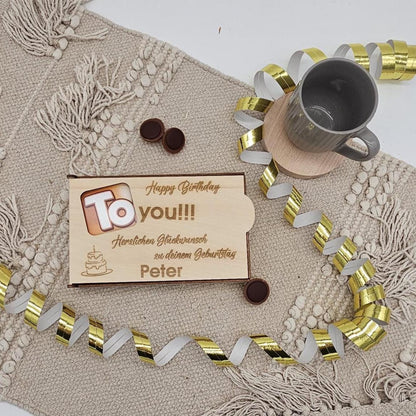 Personalisierte Holz Geschenkbox für Pralinen mit Name, Holzbox Geburtstag, Geldgeschenk Box, Pralinen Verpackung