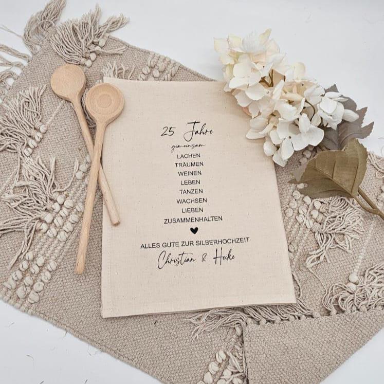 Geschenk zur Silberhochzeit Geschirrtuch personalisiert, 25 Jahre gemeinsam, Küchentuch mit Namen Silberne Hochzeit