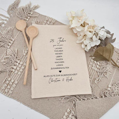 Geschenk zur Silberhochzeit Geschirrtuch personalisiert, 25 Jahre gemeinsam, Küchentuch mit Namen Silberne Hochzeit