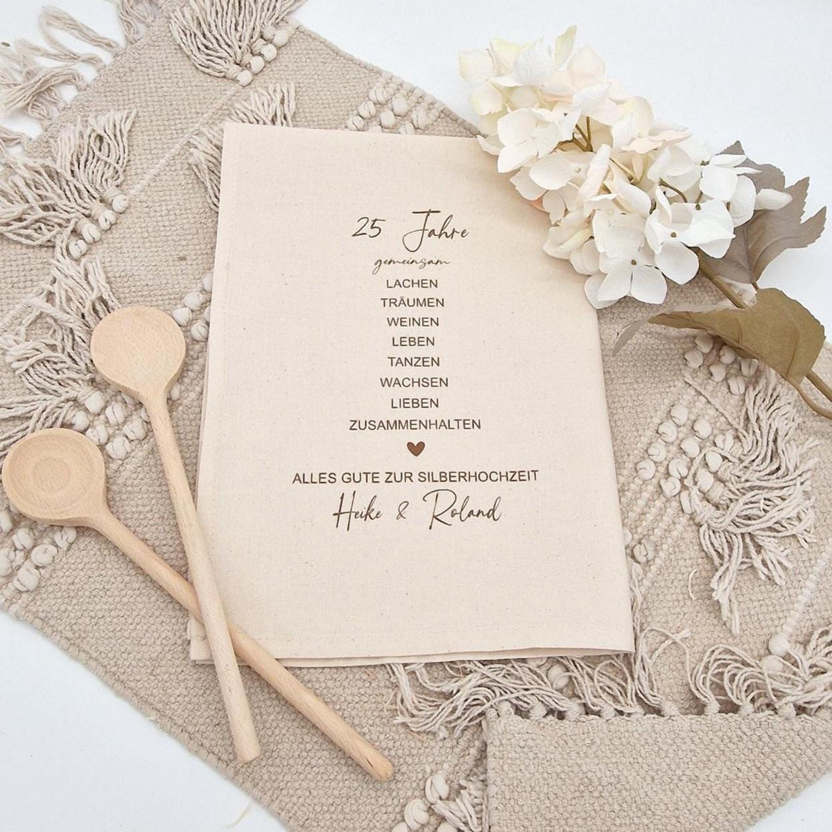 Geschenk zur Silberhochzeit Geschirrtuch personalisiert, 25 Jahre gemeinsam, Küchentuch mit Namen Silberne Hochzeit