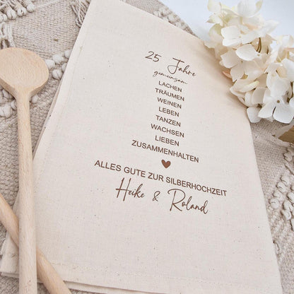 Geschenk zur Silberhochzeit Geschirrtuch personalisiert, 25 Jahre gemeinsam, Küchentuch mit Namen Silberne Hochzeit