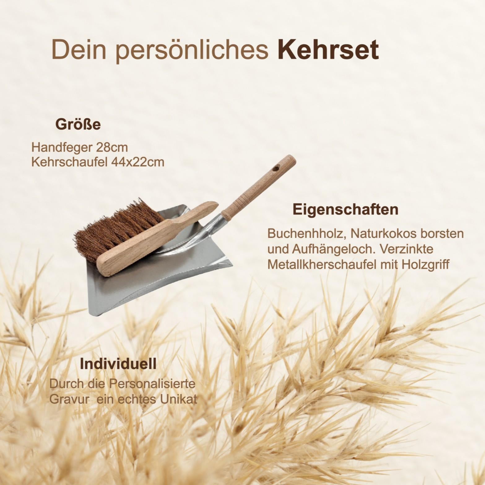Personalisierter Handfeger & Kehrblech Set graviert mit Name, Geschenk zum Richtfest Hausbau, Einzugsgeschenk Häuslebauer Stein auf Stein
