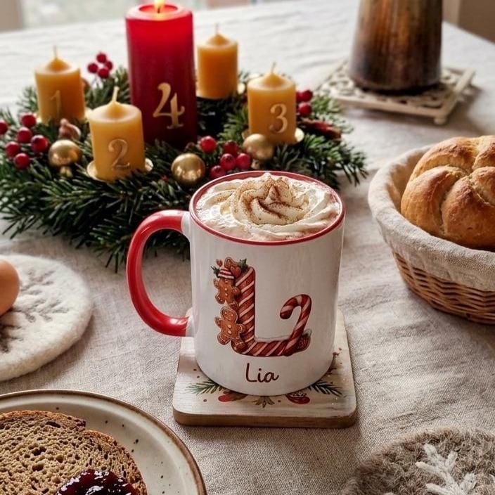 Personalisierte Lebkuchen Tasse mit Name, Weihnachtstasse Initialen, Kaffeebecher Weihnachten Geschenkidee, Nikolaus Geschenk Kinder