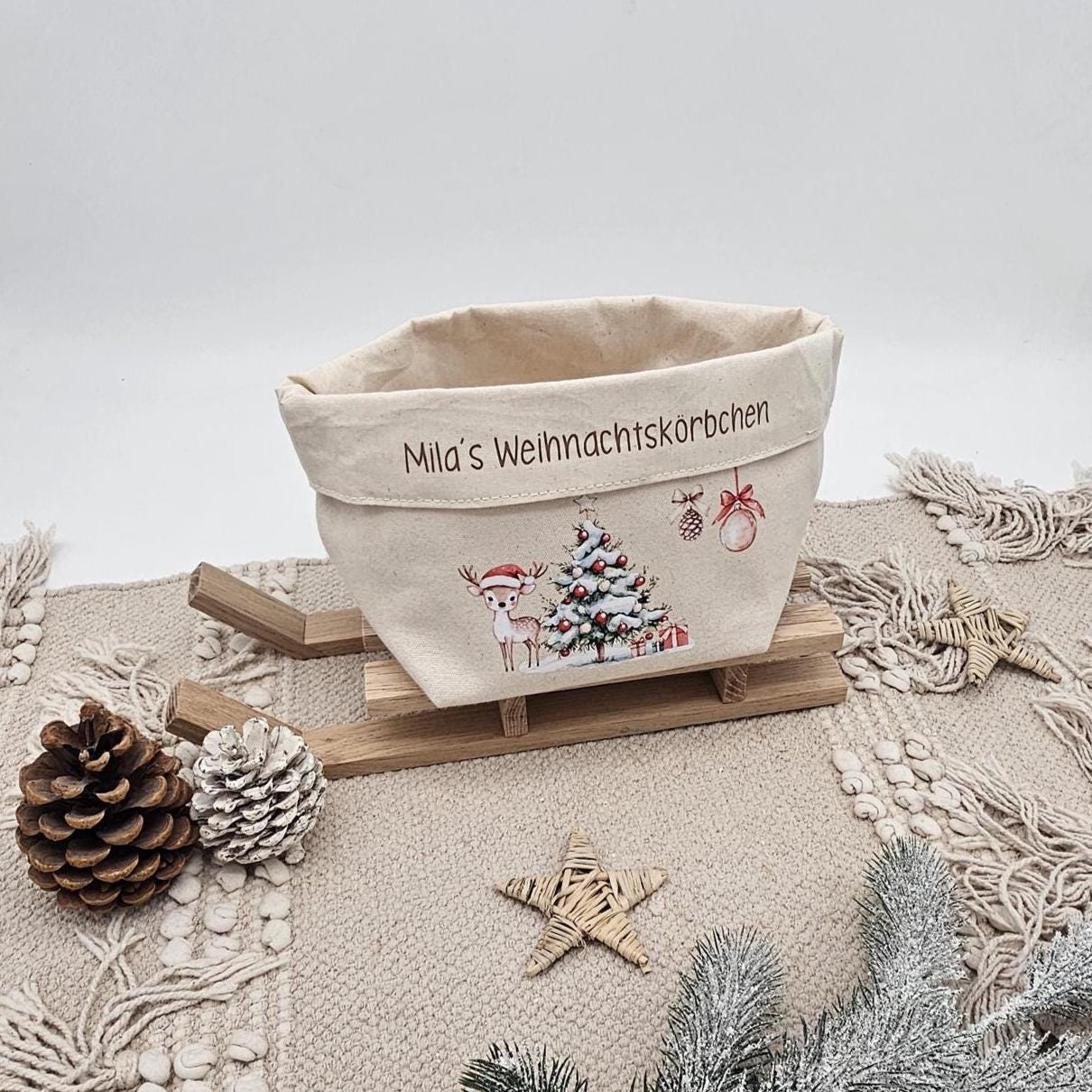 Personalisierter Nikolausstiefel Stoffkorb Weihnachtskörbchen mit Name, Nikolaus Geschenk Kinder, Brotkorb Weihnachten Baumwolle Deko