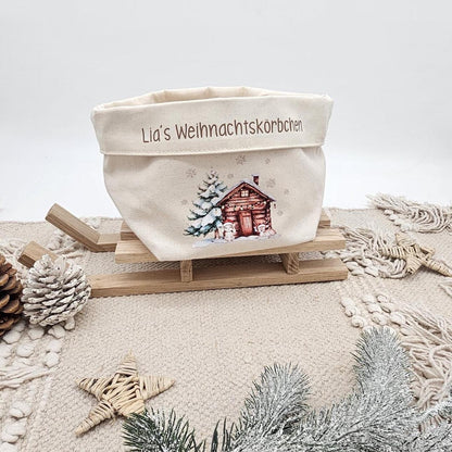 Personalisierter Nikolausstiefel Stoffkorb Weihnachtskörbchen mit Name, Nikolaus Geschenk Kinder, Hütte Tannenbaum Baumwoll Deko