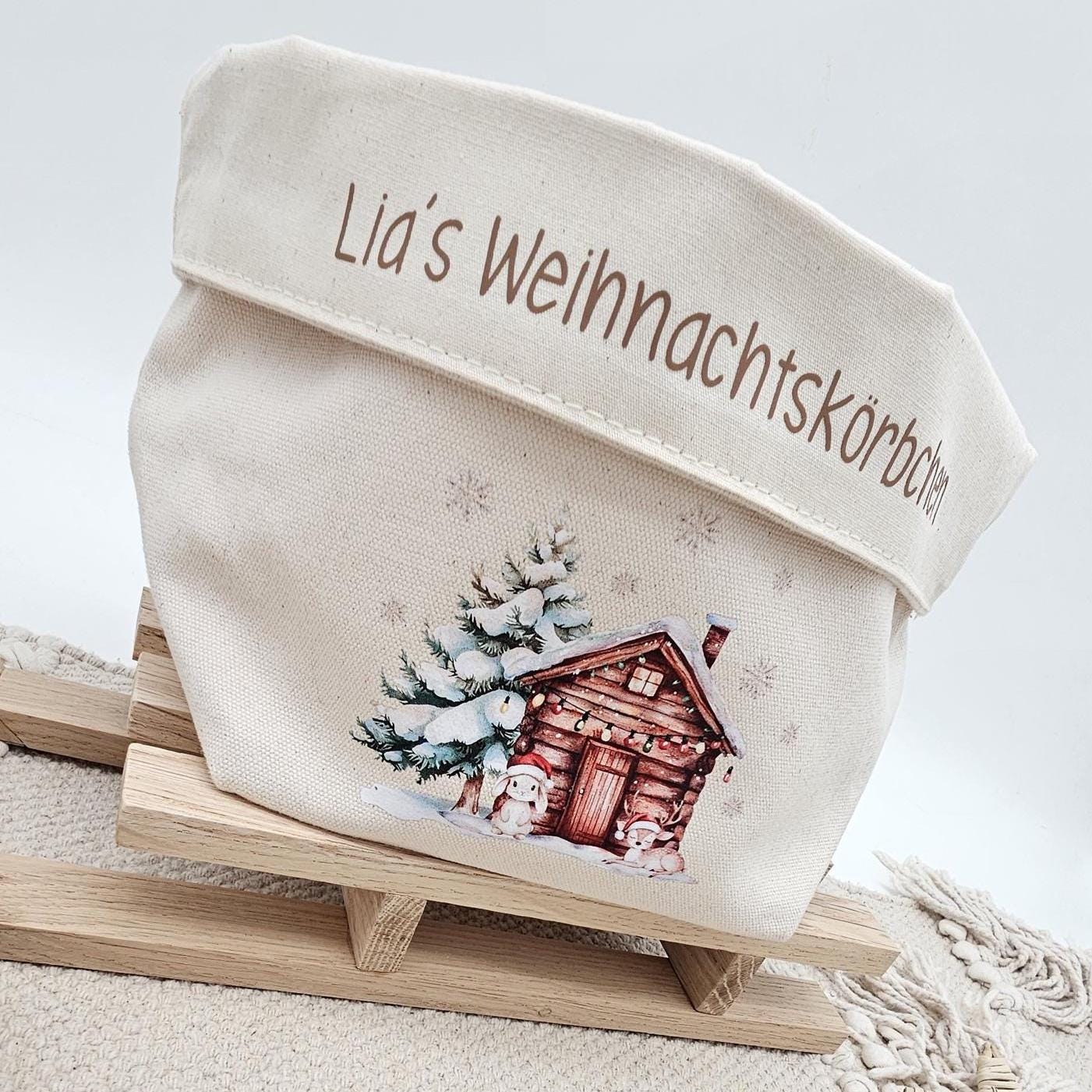 Personalisierter Nikolausstiefel Stoffkorb Weihnachtskörbchen mit Name, Nikolaus Geschenk Kinder, Hütte Tannenbaum Baumwoll Deko