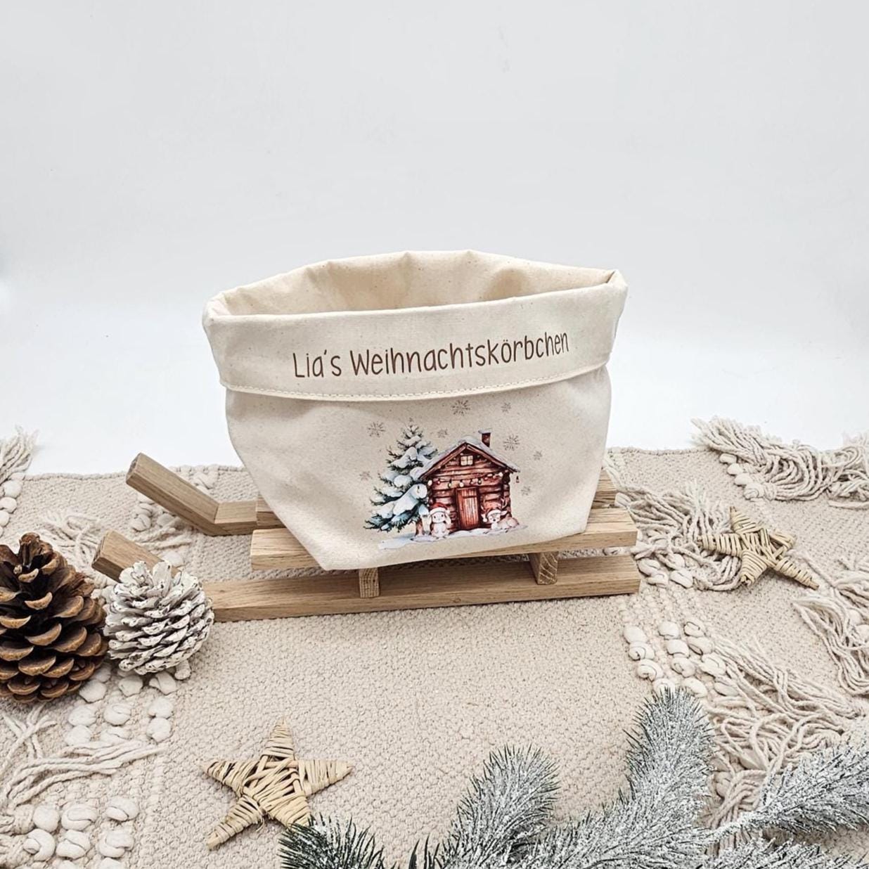 Personalisierter Nikolausstiefel Stoffkorb Weihnachtskörbchen mit Name, Nikolaus Geschenk Kinder, Hütte Tannenbaum Baumwoll Deko