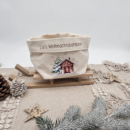 Personalisierter Nikolausstiefel Stoffkorb Weihnachtskörbchen mit Name, Nikolaus Geschenk Kinder, Hütte Tannenbaum Baumwoll Deko