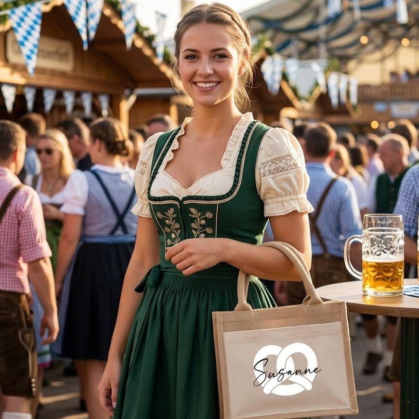Personalisierte Jutetasche Oktoberfest mit Name | Brezel Tasche Dirndl Trachtenbeutel | Mini Tote Wiesn Tasche Geschenk Frauen