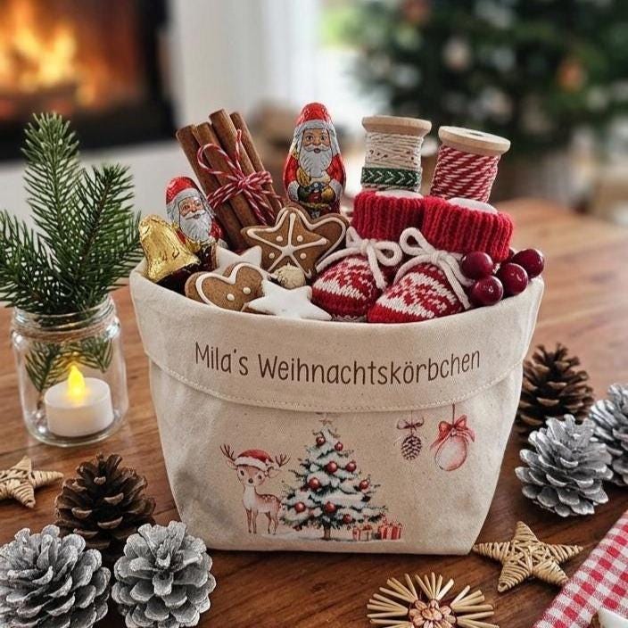 Personalisierter Nikolausstiefel Stoffkorb Weihnachtskörbchen mit Name, Nikolaus Geschenk Kinder, Brotkorb Weihnachten Baumwolle Deko