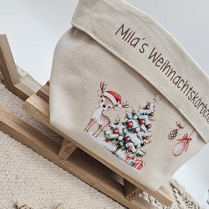Personalisierter Nikolausstiefel Stoffkorb Weihnachtskörbchen mit Name, Nikolaus Geschenk Kinder, Brotkorb Weihnachten Baumwolle Deko