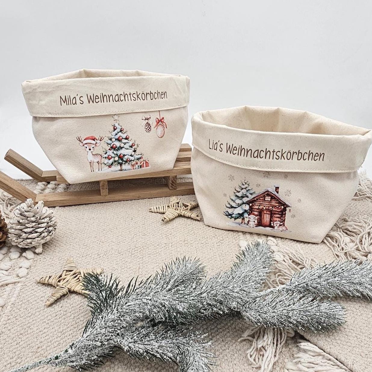 Personalisierter Nikolausstiefel Stoffkorb Weihnachtskörbchen mit Name, Nikolaus Geschenk Kinder, Brotkorb Weihnachten Baumwolle Deko