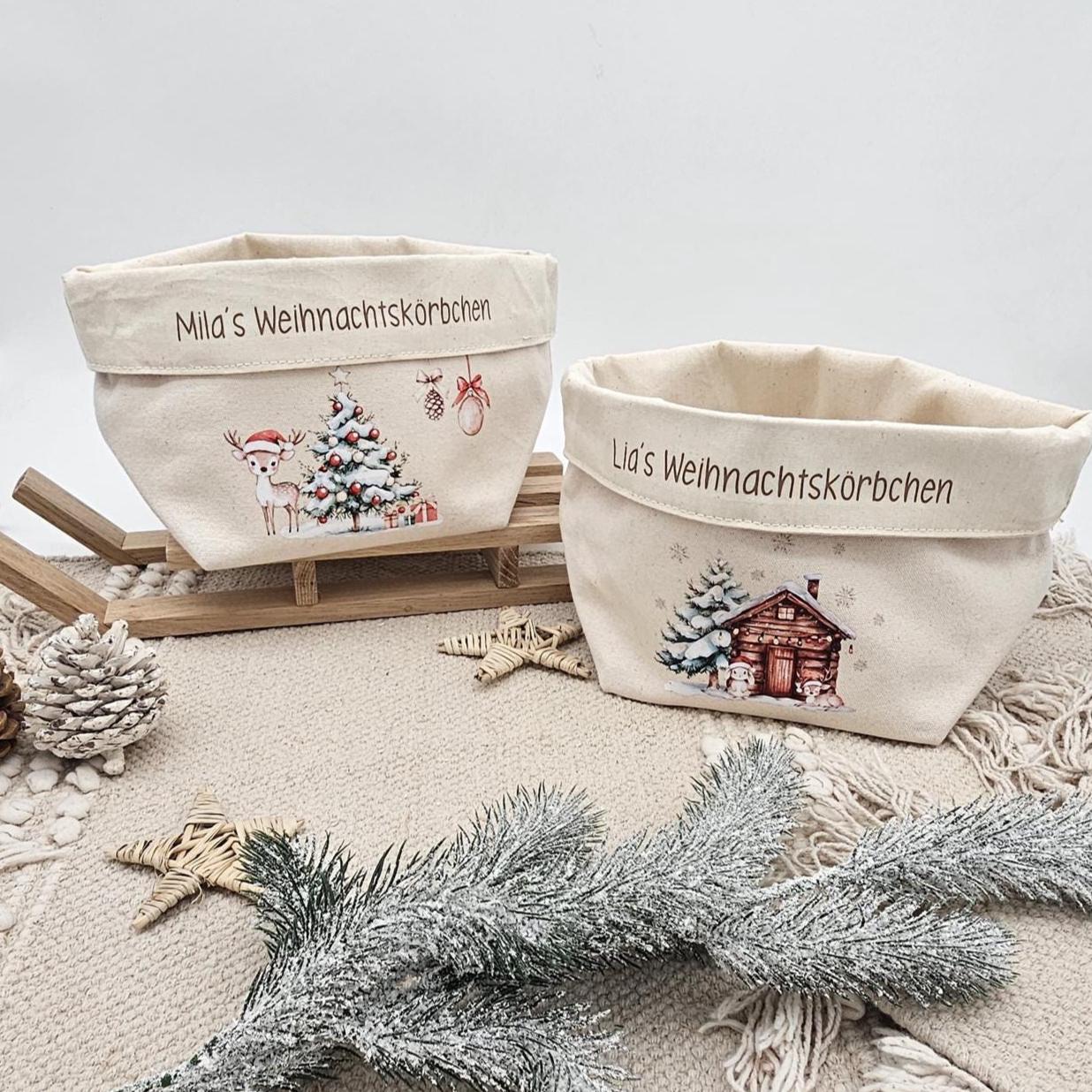 Personalisierter Nikolausstiefel Stoffkorb Weihnachtskörbchen mit Name, Nikolaus Geschenk Kinder, Hütte Tannenbaum Baumwoll Deko